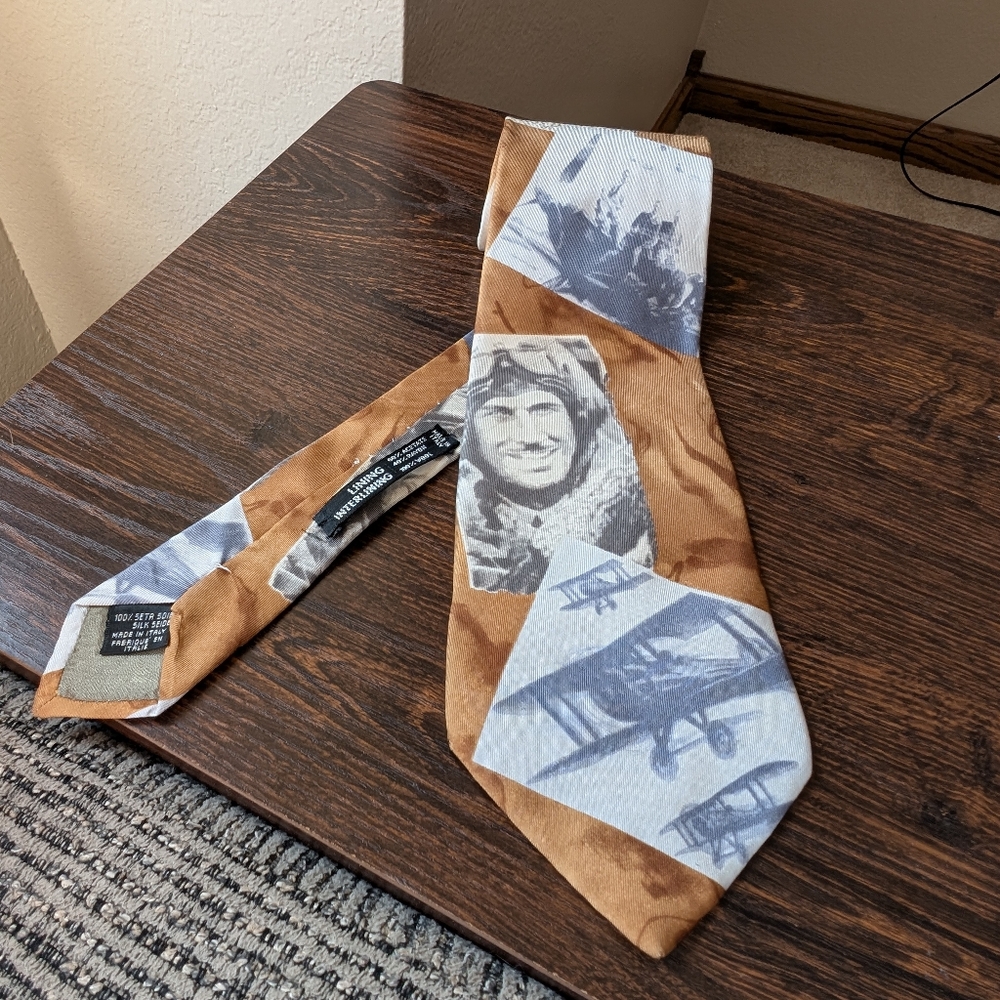 Emporio Armani Biplane Airplane Pilot Tan Gray Off White Silk Necktie Tie